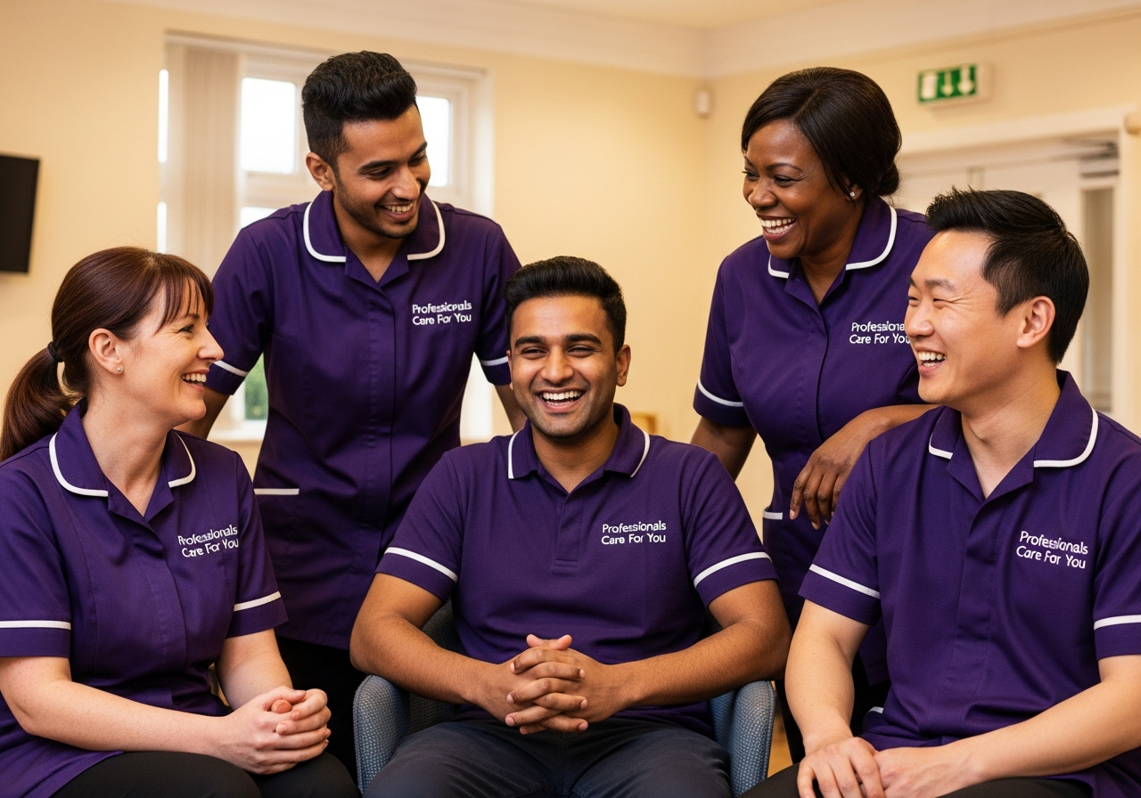 The Professionals Care For You home care team collaborating in their King's Lynn Norfolk office โ diverse European, African, South Asian and East Asian care professionals