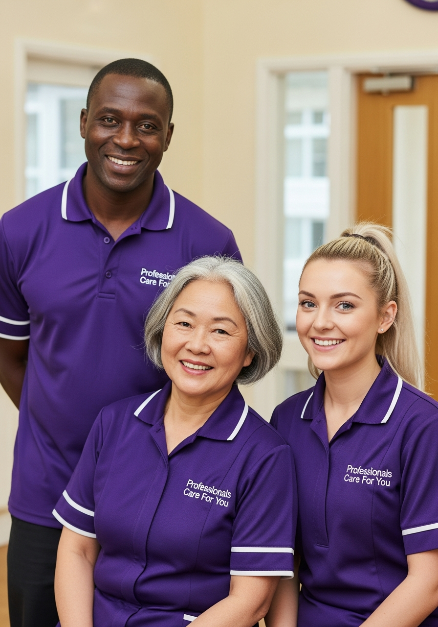Three Professionals Care For You home carers — African, European and South Asian — in purple uniforms outside in Norfolk, representing care job opportunities in King's Lynn and West Norfolk