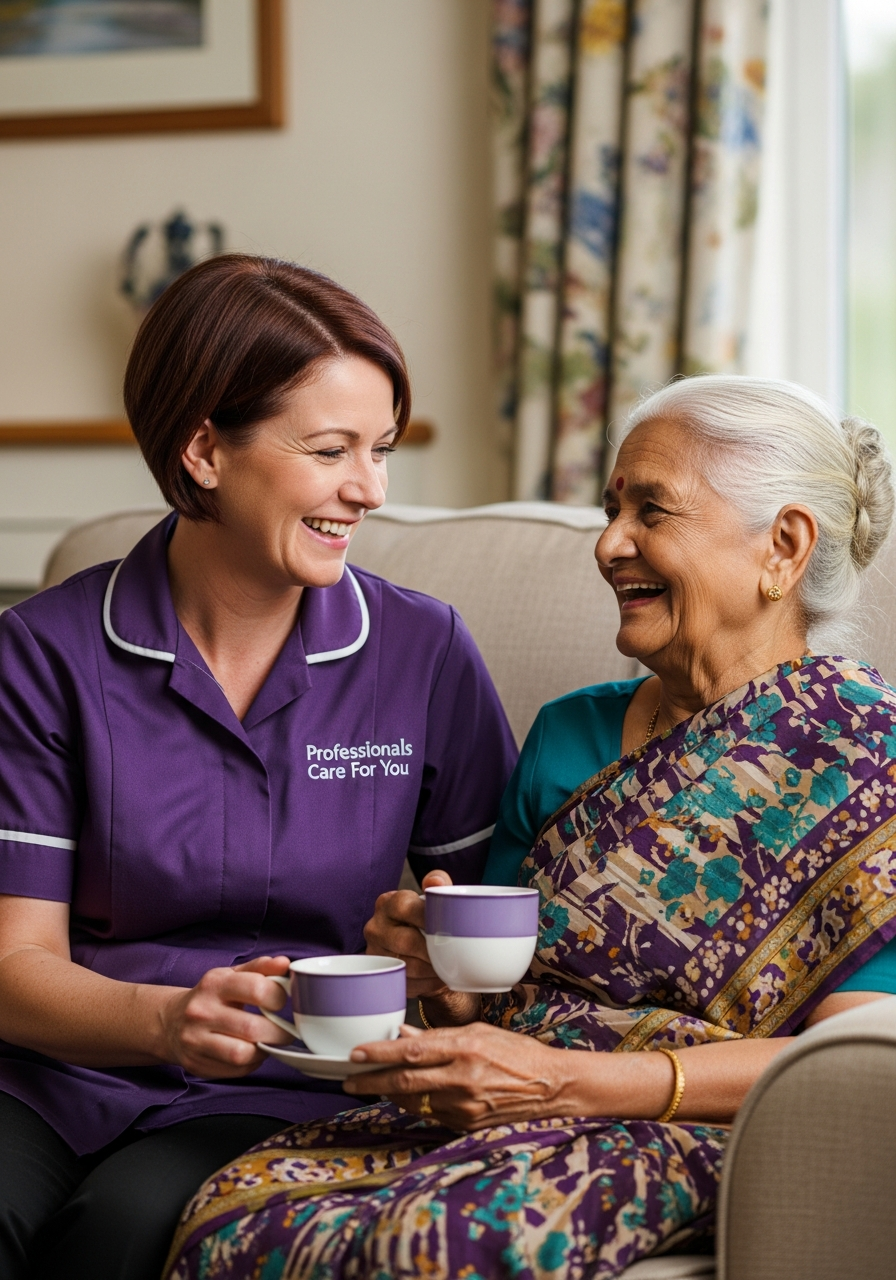 East Asian female Professionals Care For You carer sharing tea and laughter with an elderly woman at her kitchen table in Norfolk — companionship care in King's Lynn reducing loneliness