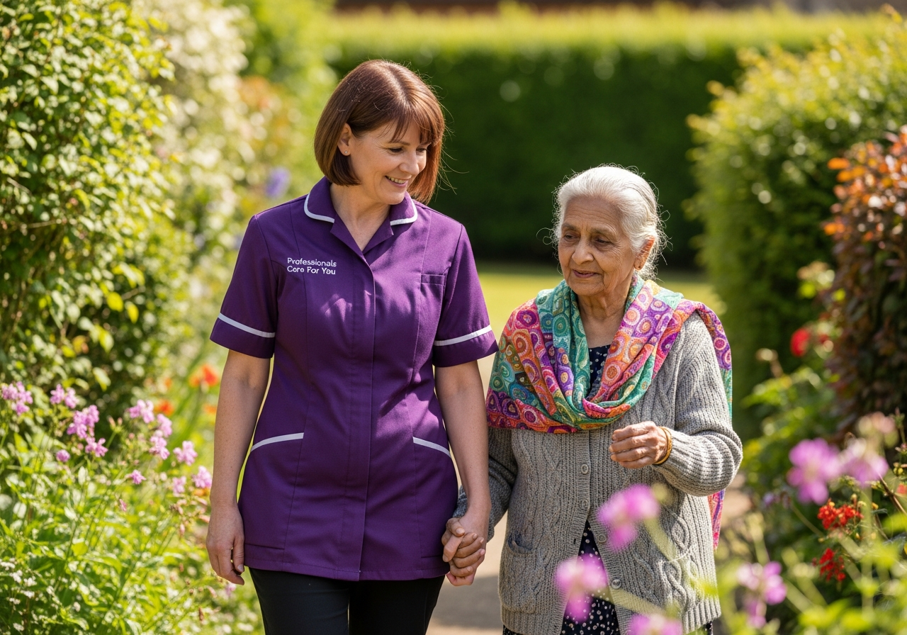 Black African male Professionals Care For You carer walking in the garden with an elderly woman in Norfolk — companionship care bringing joy and connection to older adults in West Norfolk