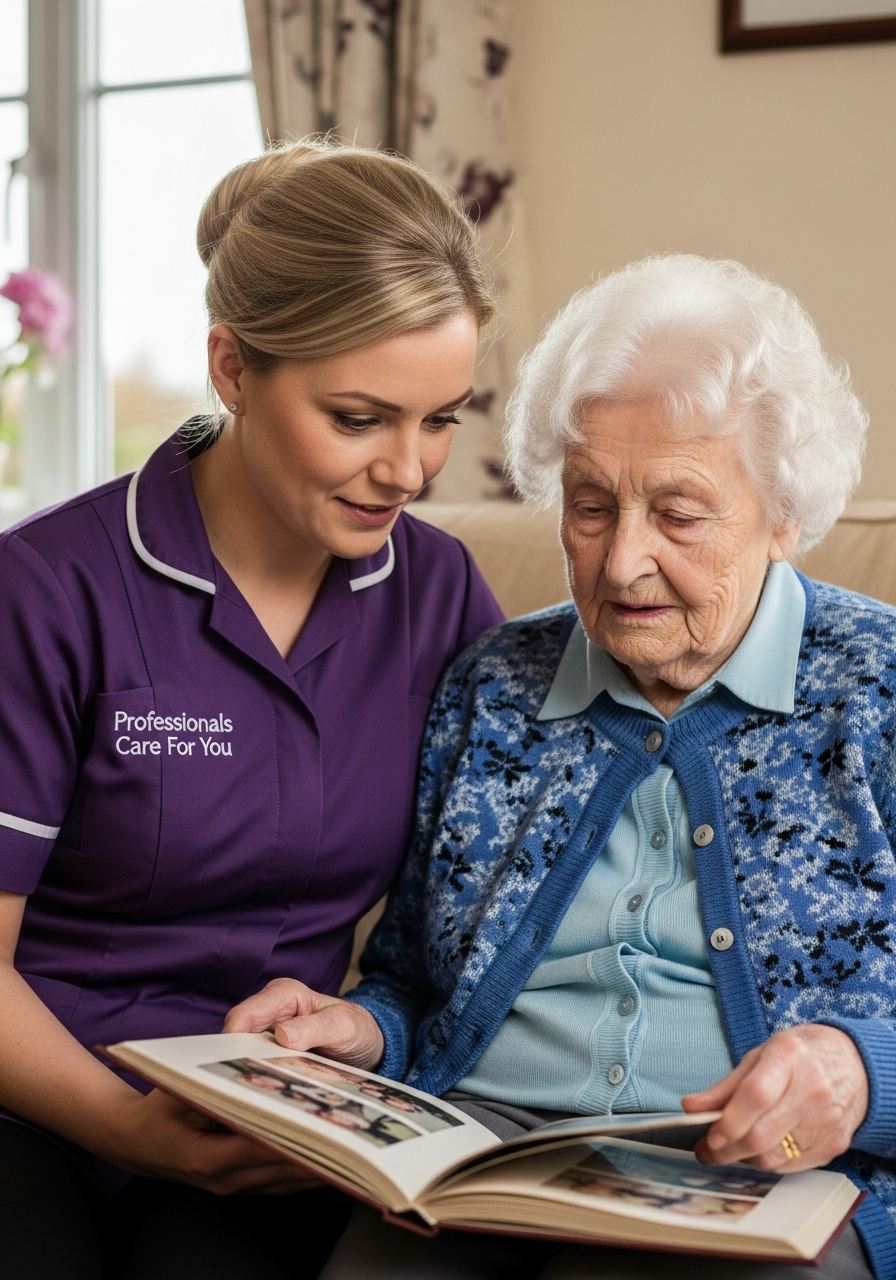 Black African female Professionals Care For You carer sitting with an elderly man with dementia in his Norfolk home, looking at a family photograph together — specialist dementia care in King's Lynn
