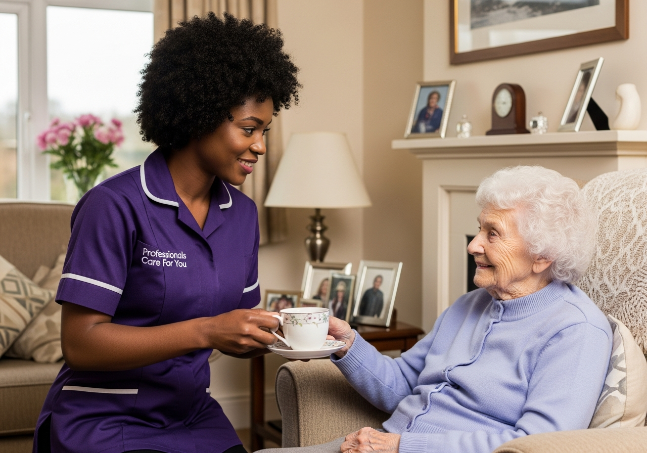 African female home carer from Professionals Care For You sitting with an elderly man with dementia, looking at a photo album at home in Norfolk
