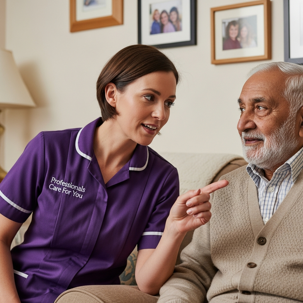 Black African male Professionals Care For You carer gently holding the hand of an elderly woman with dementia in her Norfolk bedroom — trusted dementia care in King's Lynn