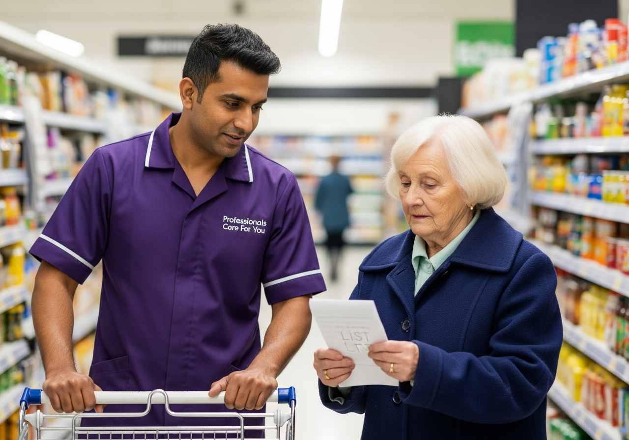 White European male Professionals Care For You carer bringing shopping into a Norfolk home for an elderly man — domestic support including shopping and errands in King's Lynn