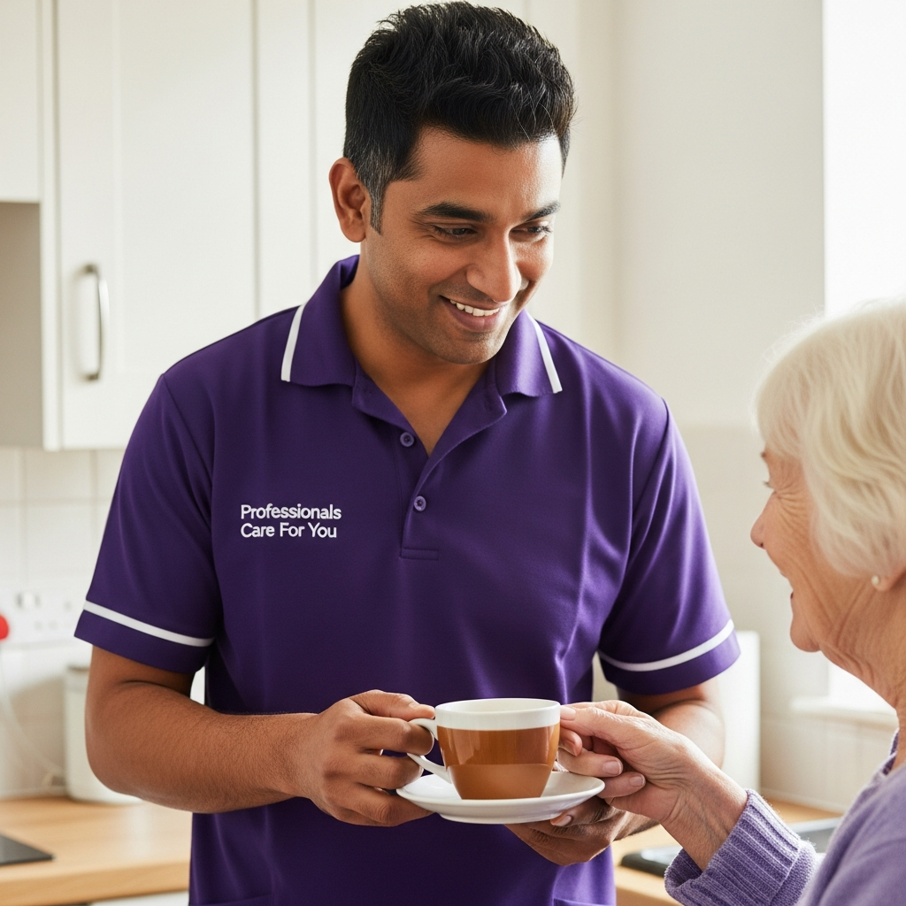White European female Professionals Care For You carer preparing a meal in a tidy Norfolk kitchen while an elderly man relaxes at the table — trusted domestic support and home help in King's Lynn