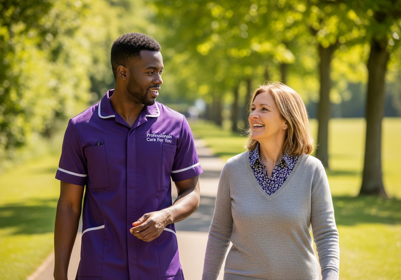 Black African male Professionals Care For You carer walking alongside a young woman with a learning disability in Norfolk — community support and independence-focused care in King's Lynn