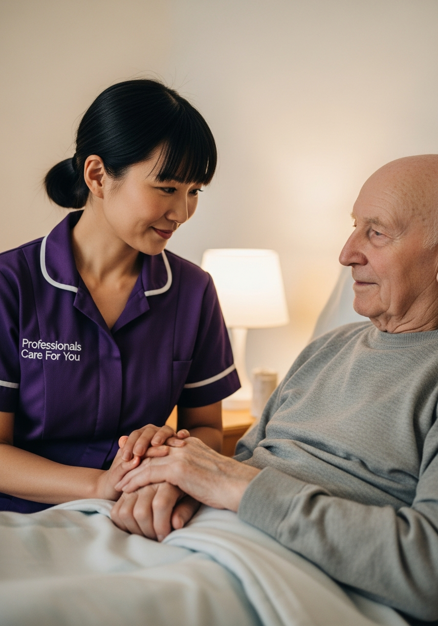 White European female Professionals Care For You carer holding the hand of an elderly man resting peacefully in his Norfolk bedroom — compassionate palliative care at home in King's Lynn