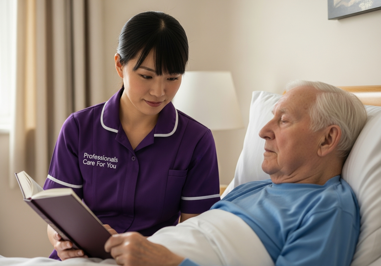 South Asian female Professionals Care For You carer speaking gently with an elderly woman resting in her Norfolk bedroom — palliative care at home in King's Lynn and West Norfolk