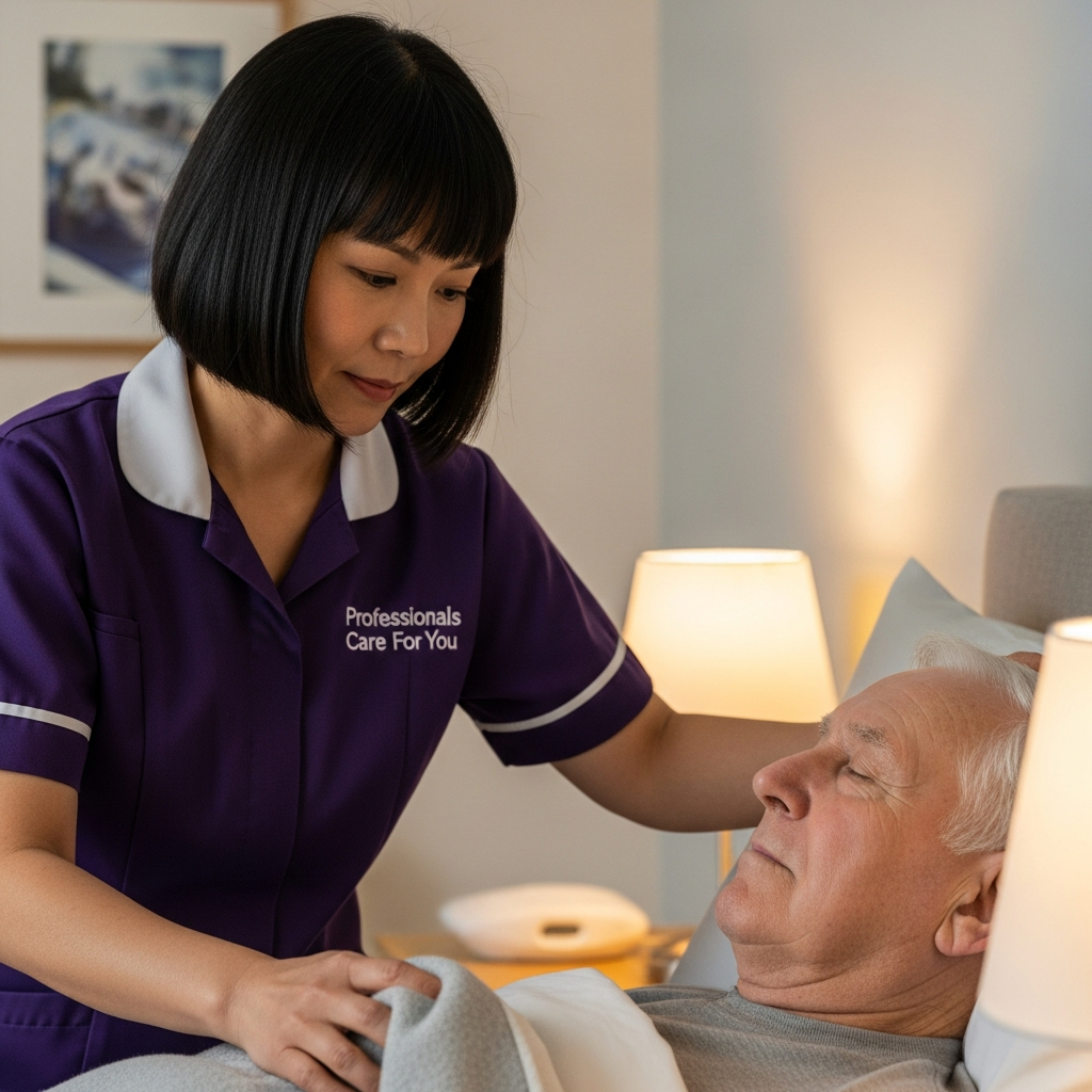 Black African female Professionals Care For You carer sitting beside an elderly woman resting peacefully in her Norfolk bedroom — trusted palliative care at home in King's Lynn and West Norfolk