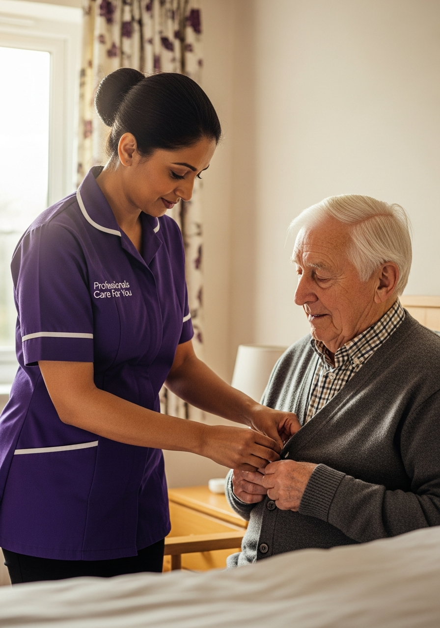 East Asian female Professionals Care For You carer helping an elderly woman with her morning routine in her Norfolk bedroom — respectful personal care at home in King's Lynn