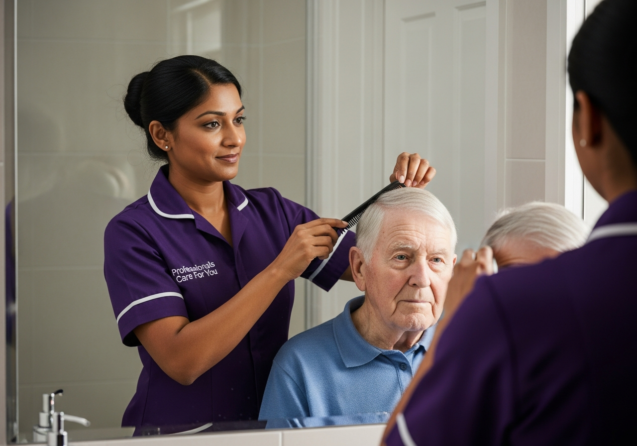Black African female Professionals Care For You carer helping an elderly man with dressing in his Norfolk bedroom — compassionate personal care at home in West Norfolk