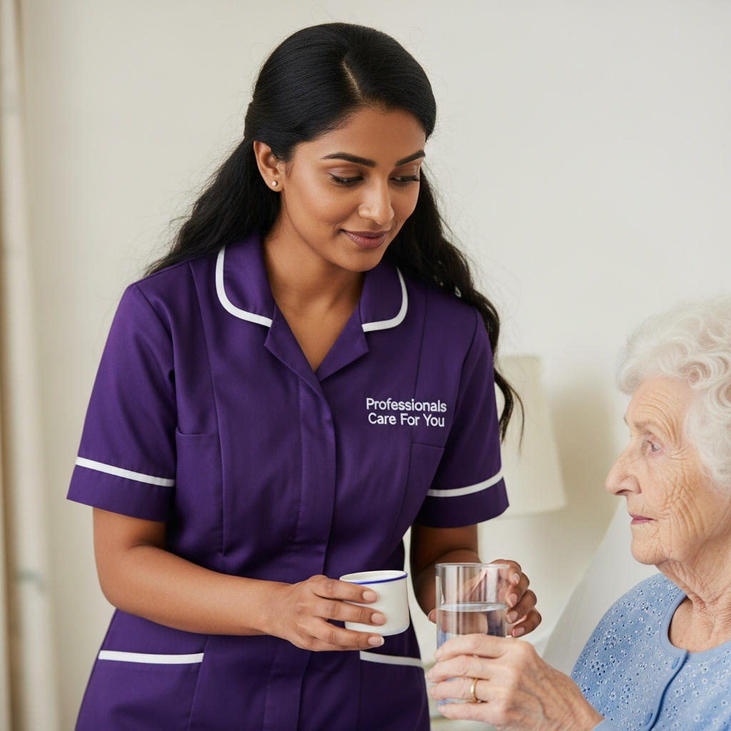 Black African male Professionals Care For You carer supporting an elderly woman with a safe transfer in her Norfolk home — trusted personal care in King's Lynn and West Norfolk