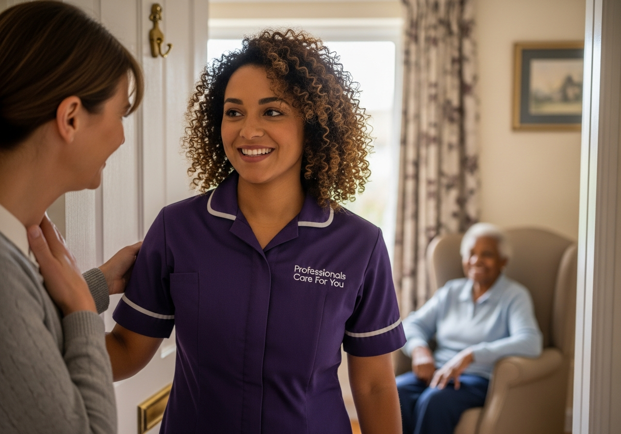 European female Professionals Care For You respite carer at the door of a Norfolk home as a family carer leaves for a break — respite care in King's Lynn giving families relief and reassurance