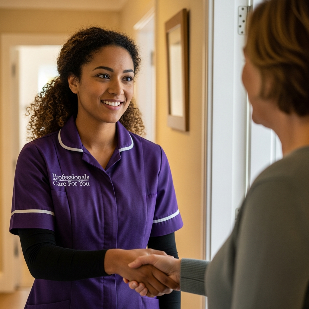 White European female Professionals Care For You respite carer with an elderly woman reading in her Norfolk sitting room — trusted respite care in King's Lynn giving family carers peace of mind