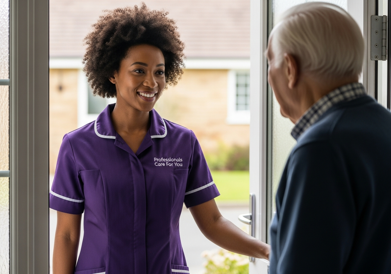 Black African female Professionals Care For You carer holding hands with an elderly woman in her Norfolk home — compassionate home care across King's Lynn and West Norfolk