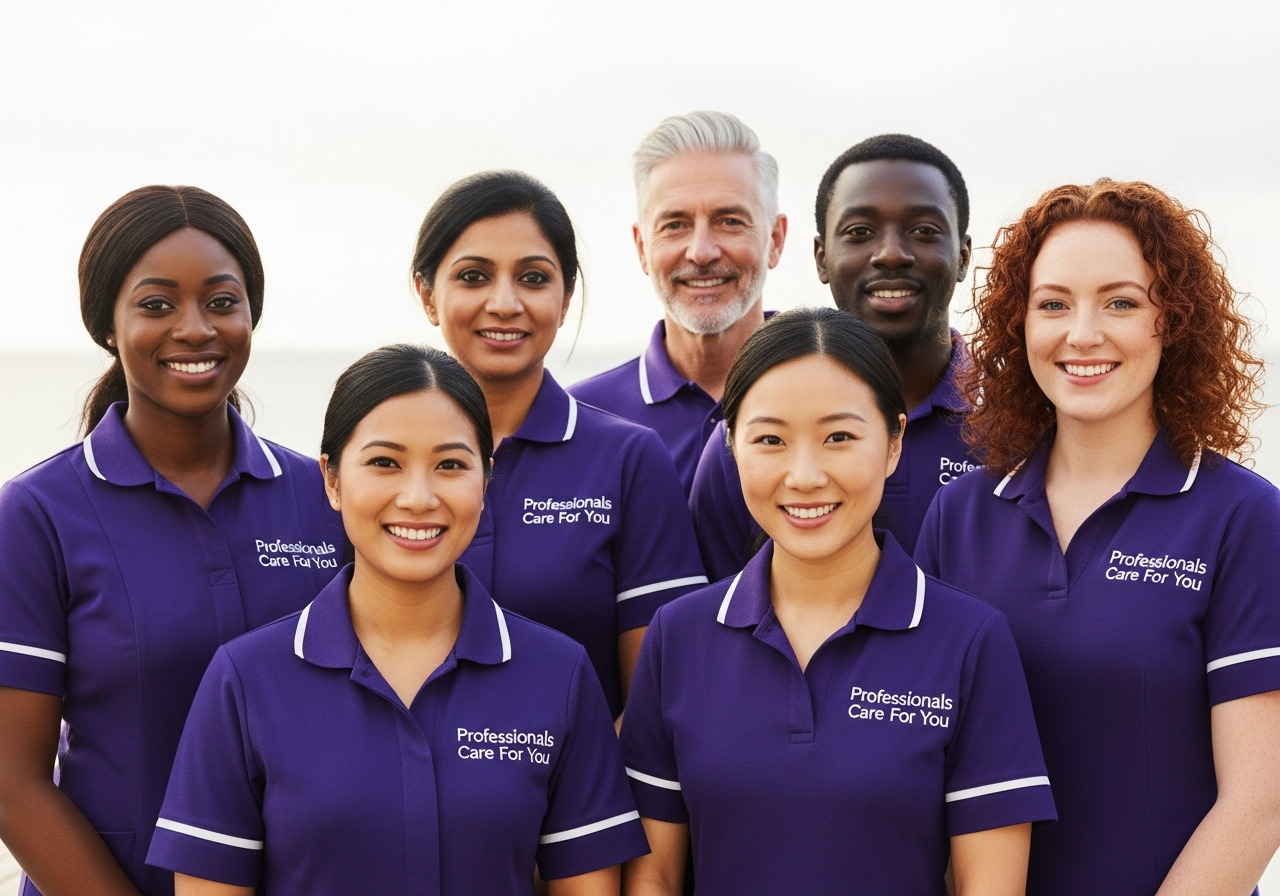 The Professionals Care For You care team in Norfolk — South Asian, European, African and East Asian carers in purple uniforms representing dementia, personal, companionship and domestic home care services