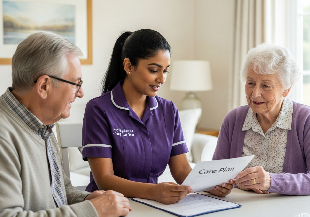South Asian female Professionals Care For You carer reviewing a personalised care plan with an elderly woman and her daughter at home in Norfolk