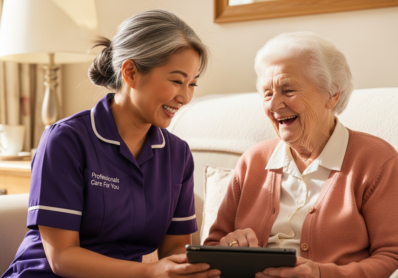 Diverse team of Professionals Care For You home carers — African, European and Asian — in purple uniforms, King's Lynn Norfolk